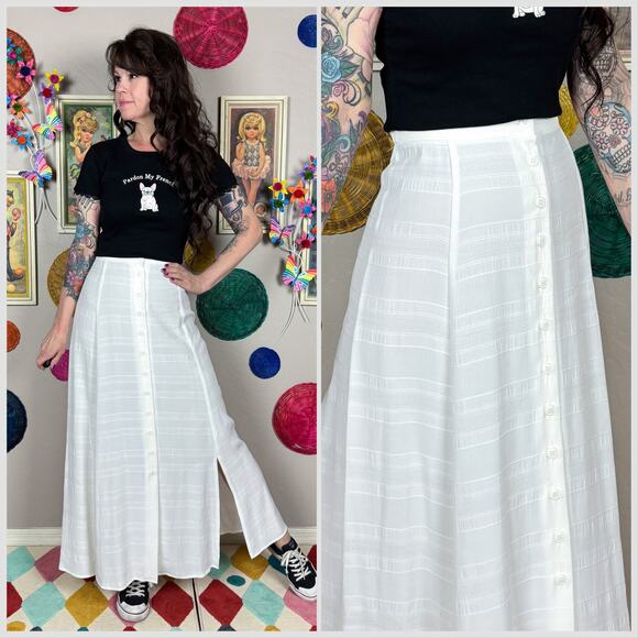 Vintage 1980s Off White High Waist Button Front Maxi Skirt with Slits - Picture 1 of 8